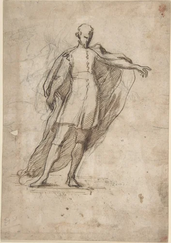 Sketch of a Standing Male Figure Wearing a Cape by anonymous, drawing, 1800-1900