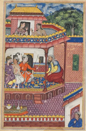 The three young men present themselves as suitors for the hand of Zuhra, the daughter of the merchant of Kabul, from a Tuti-nama (Tales of a Parrot): Thirty-fourth Night by Unknown, painting, 1555-1565