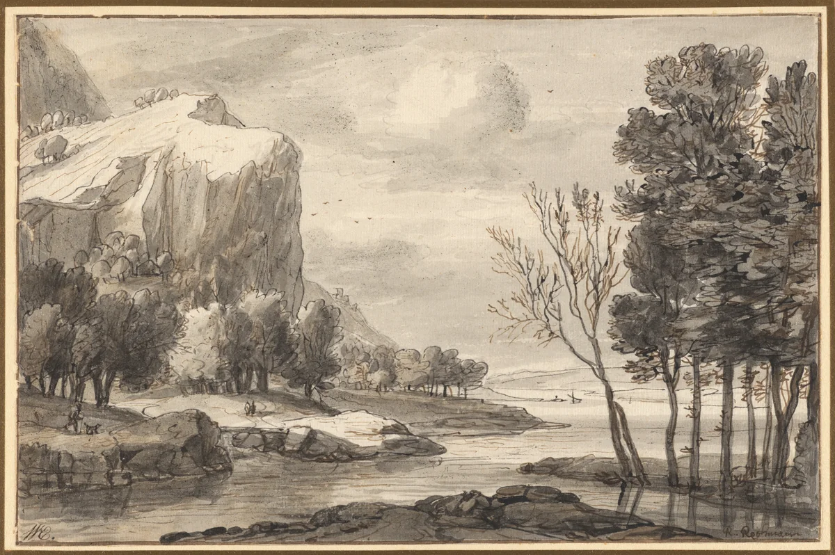 River Landscape with Rocky Cliffs by Roelant Roghman, drawing, 1647-1670