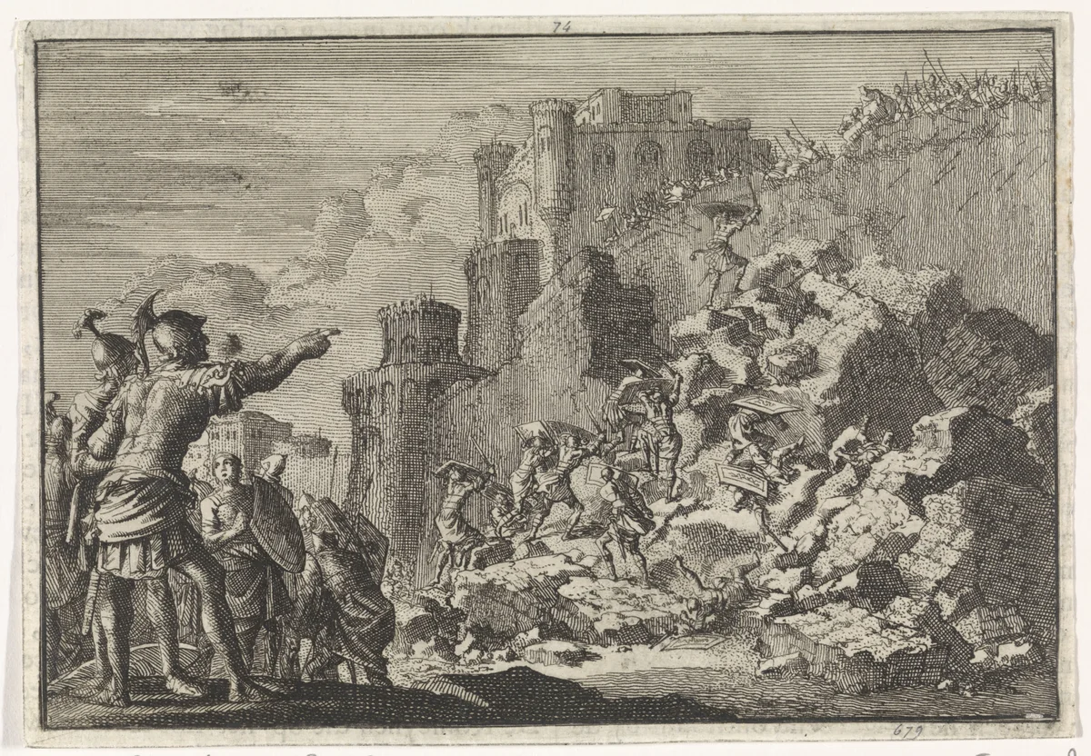 Dapperheid van de Syriër Sabinus die Jeruzalem tracht binnen te dringen by Jan Luyken, print, 1704