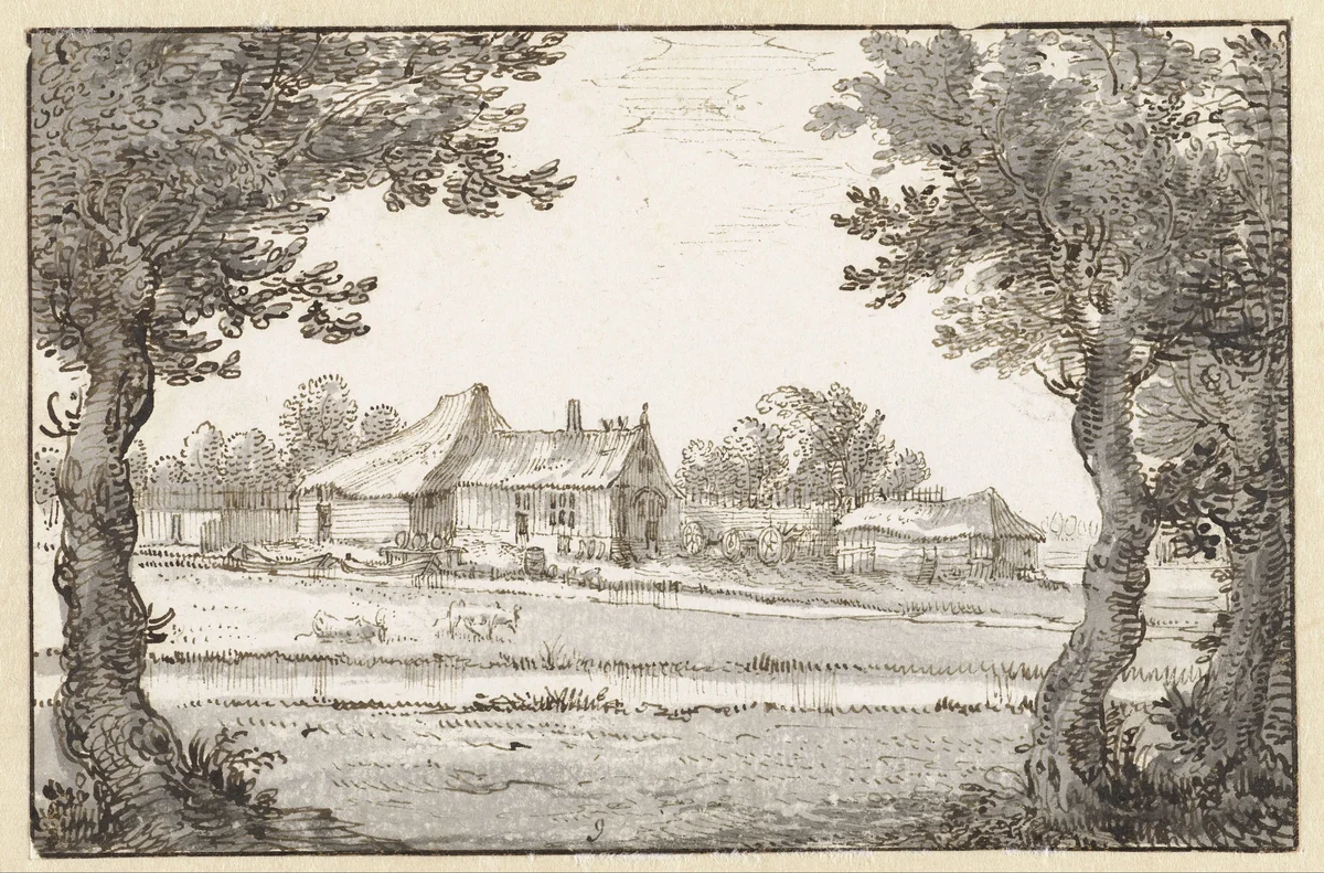 Gezicht op een boerderij by Claes Jansz Visscher, drawing, 1596-1652