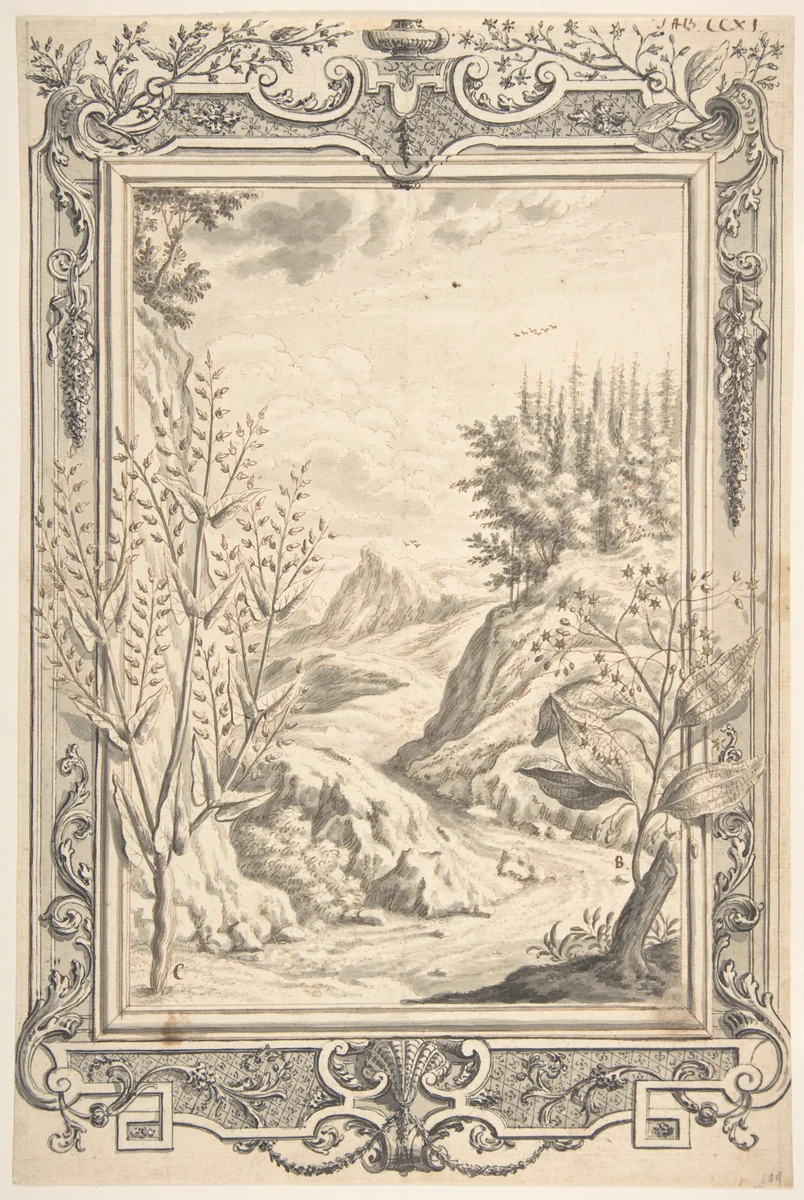 Landscape with Ornamental Frame by Johann Melchior Füssli, drawing, 1730