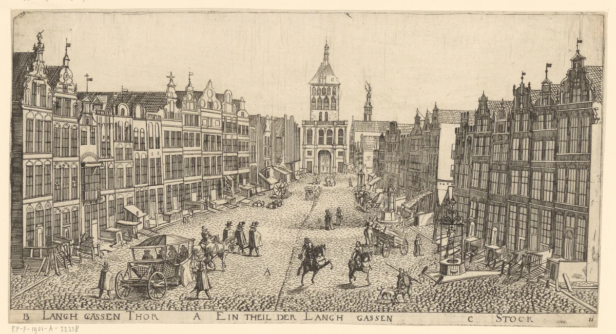 Gezicht op de Gouden Poort aan het einde van de Langstraat in Danzig by Aegidius Dickmann, print, 1625