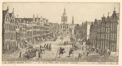 Gezicht op de Gouden Poort aan het einde van de Langstraat in Danzig by Aegidius Dickmann, print, 1625