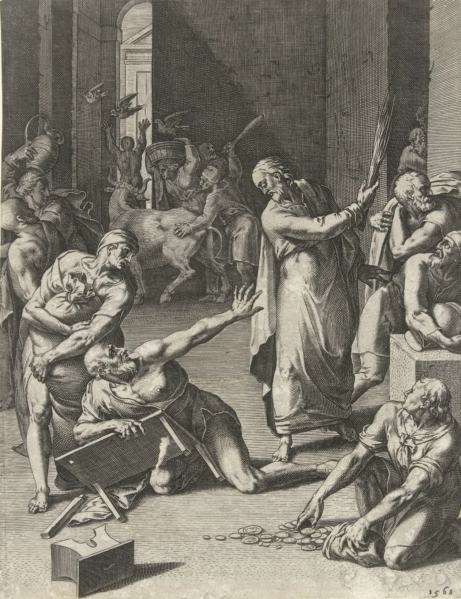 Christus verdrijft de geldwisselaars uit de tempel by Cornelis Cort, print, 1568