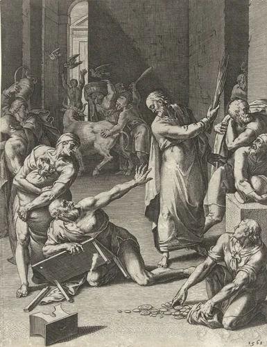 Christus verdrijft de geldwisselaars uit de tempel by Cornelis Cort, print, 1568