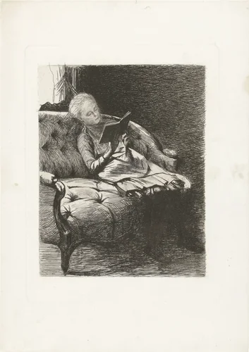 Lezend meisje op een sofa. by Bramine Hubrecht, print, 1870-1913