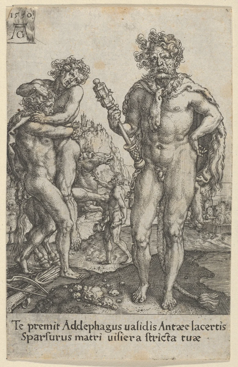 Hercules Squeezing Antaeus to Death, from "The Labors of Hercules" by Heinrich Aldegrever, print, 1550