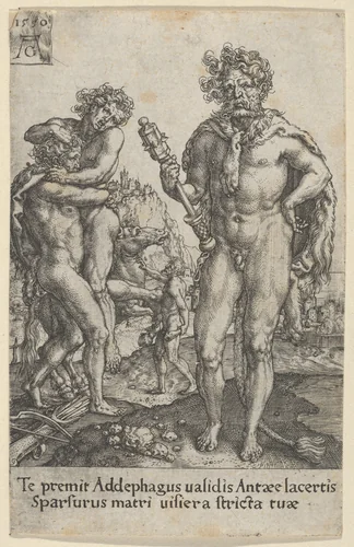 Hercules Squeezing Antaeus to Death, from "The Labors of Hercules" by Heinrich Aldegrever, print, 1550