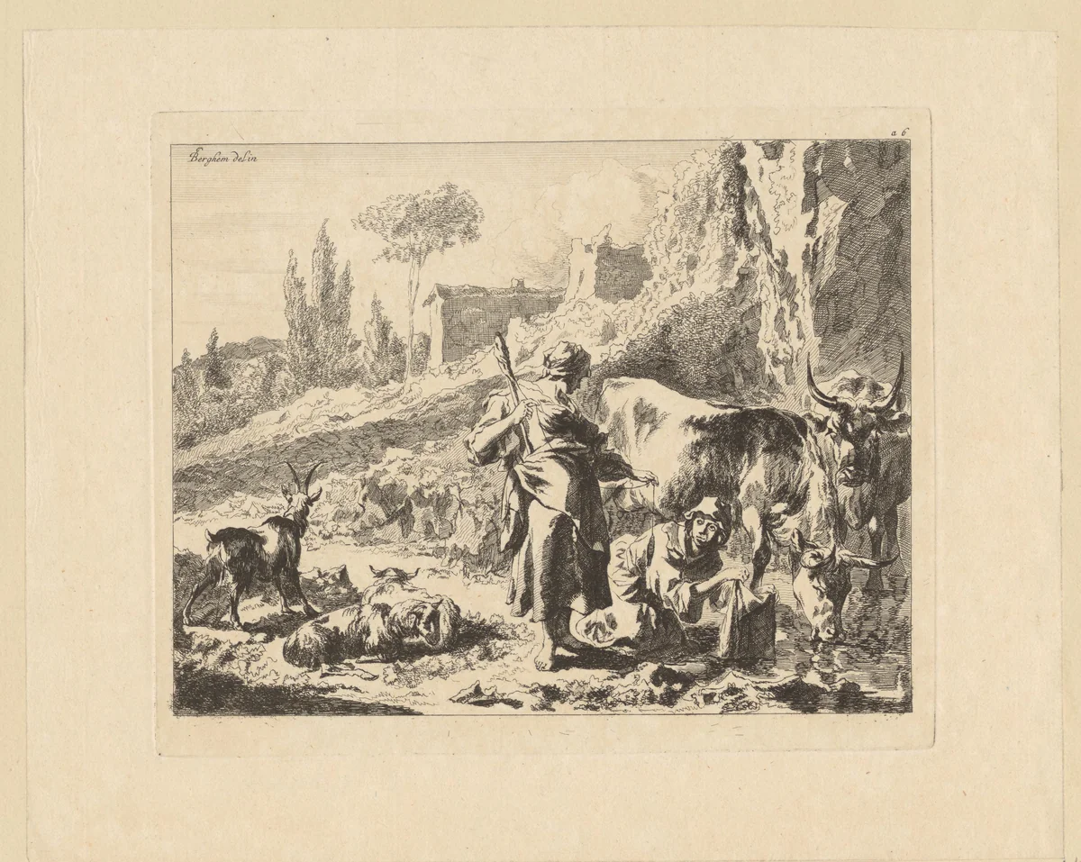Spinster en wassende vrouw in een landschap met runderen by François Vivares, print, 1719-1780