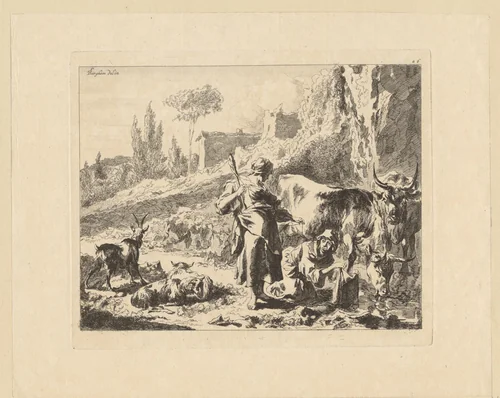 Spinster en wassende vrouw in een landschap met runderen by François Vivares, print, 1719-1780