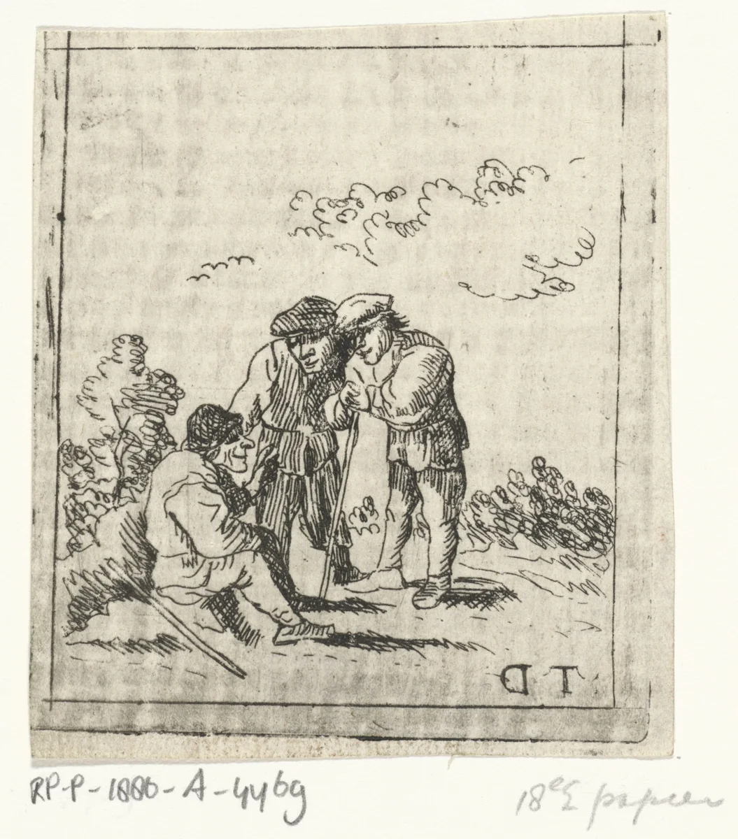 Drie mannen met elkaar in gesprek by anonymous, print, 1700-1799