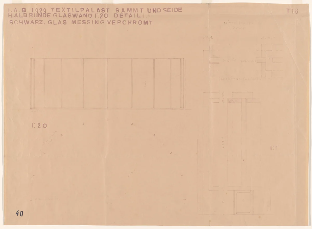 Barcelona Exhibition, German Section, Textile Palace, Barcelona, Spain (Elevation, plan, sections, semicircular glass wall) by Lilly Reich, mies van der rohe archive, 1929