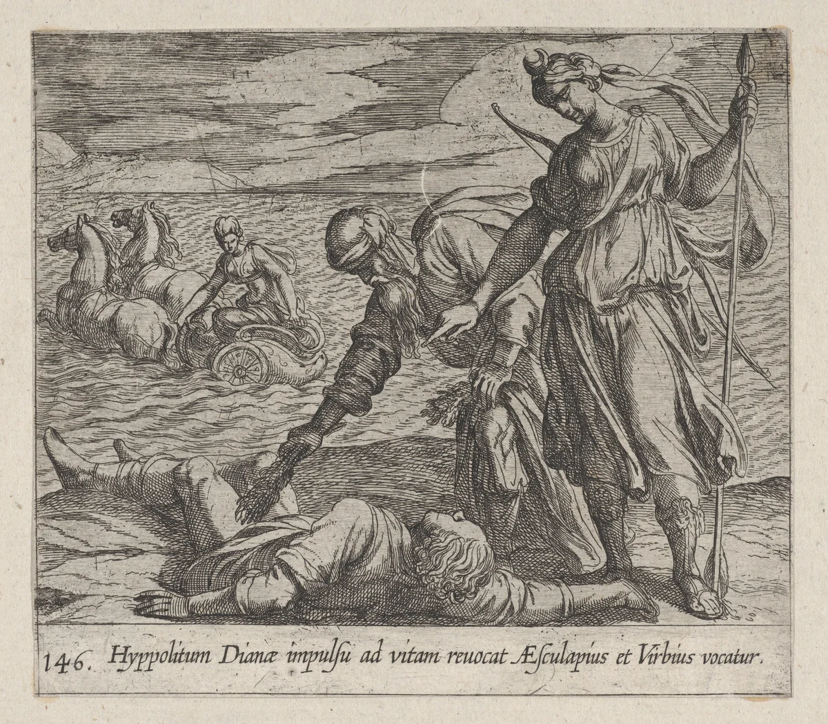Plate 146: Hippolytus Saved from Death (Hippolitum Dianae impulsu ad vitam revocat AEsculapius et Virbius vocatur), from Ovid's 'Metamorphoses' by Antonio Tempesta, print, 1606