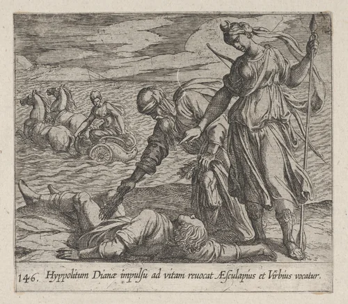 Plate 146: Hippolytus Saved from Death (Hippolitum Dianae impulsu ad vitam revocat AEsculapius et Virbius vocatur), from Ovid's 'Metamorphoses' by Antonio Tempesta, print, 1606