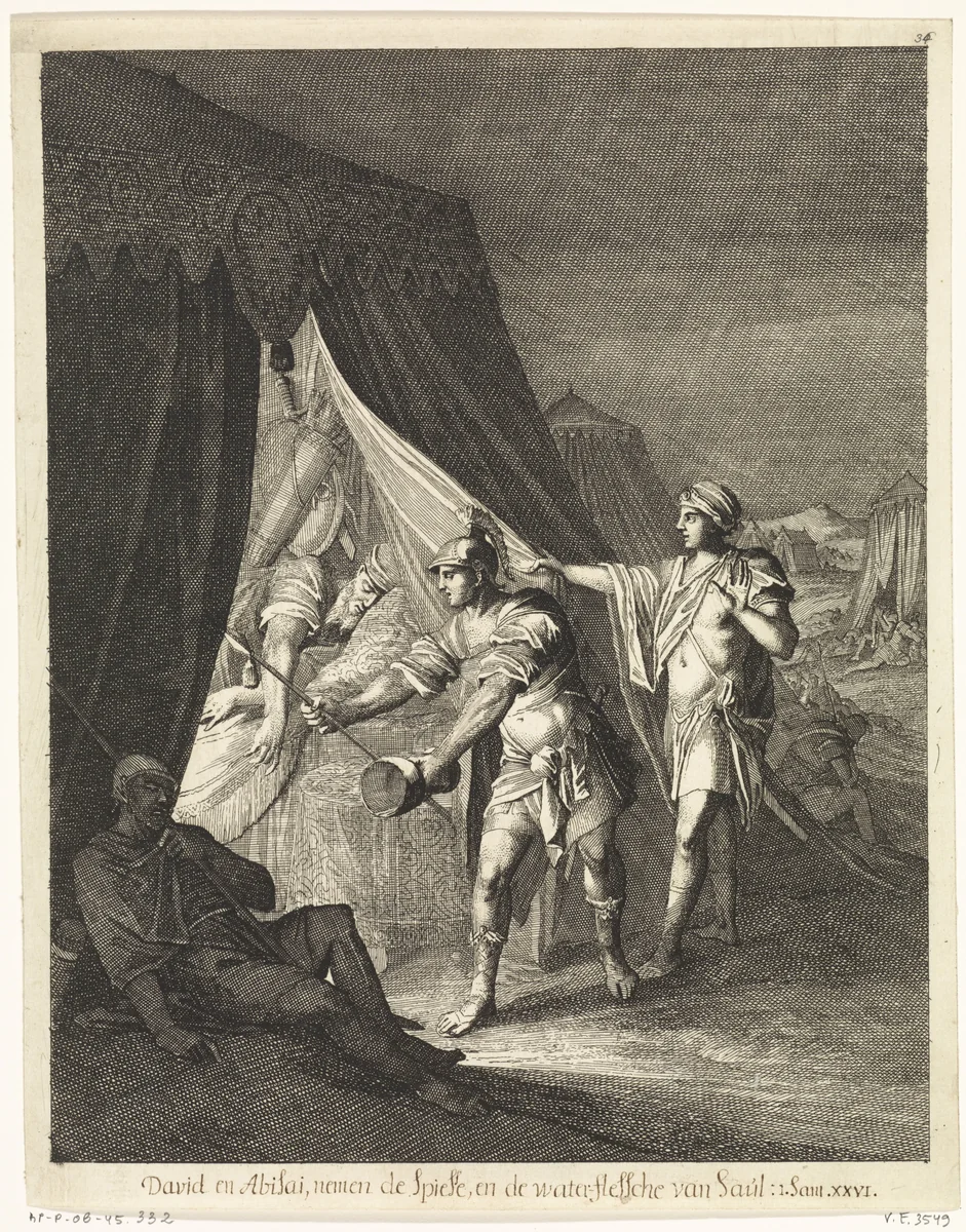 David neemt de speer en beker van Saul weg by Caspar Luyken, print, 1708
