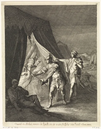 David neemt de speer en beker van Saul weg by Caspar Luyken, print, 1708