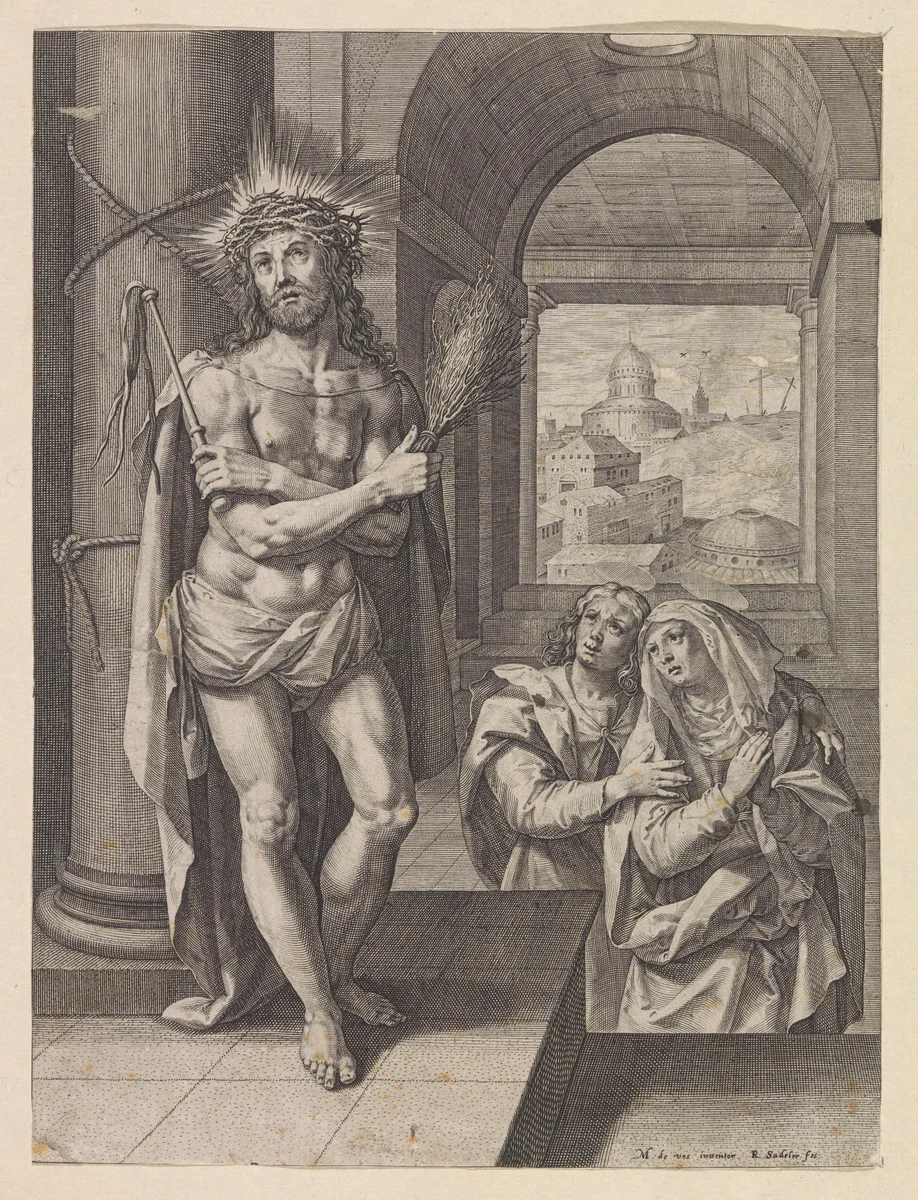 Geseling van Christus met Johannes en Maria by Unknown, print, 1570-1632