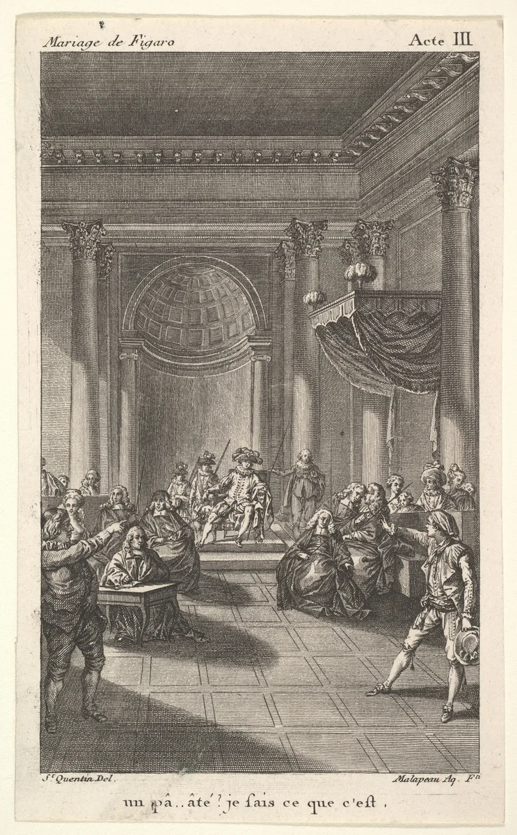 A man seated in a chair on a stepped platform holds an audience, two pointing men stand in the foreground, from a series of five illustrations after Jacques Philippe Joseph de Saint-Quentin for 'The mad day, or the marriage of Figaro' (La Folle journée, ou le mariage de Figaro) by Pierre Augustin Caron de Beaumarchais by Jacques Philippe Joseph de Saint Quentin, print, 1784