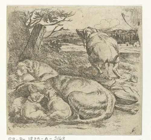Teefje met puppies by Jan van Ossenbeeck, print, 1647-1674