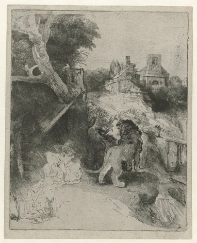 Hieronymus lezend in een Italiaans landschap by Rembrandt van Rijn, print, 1653