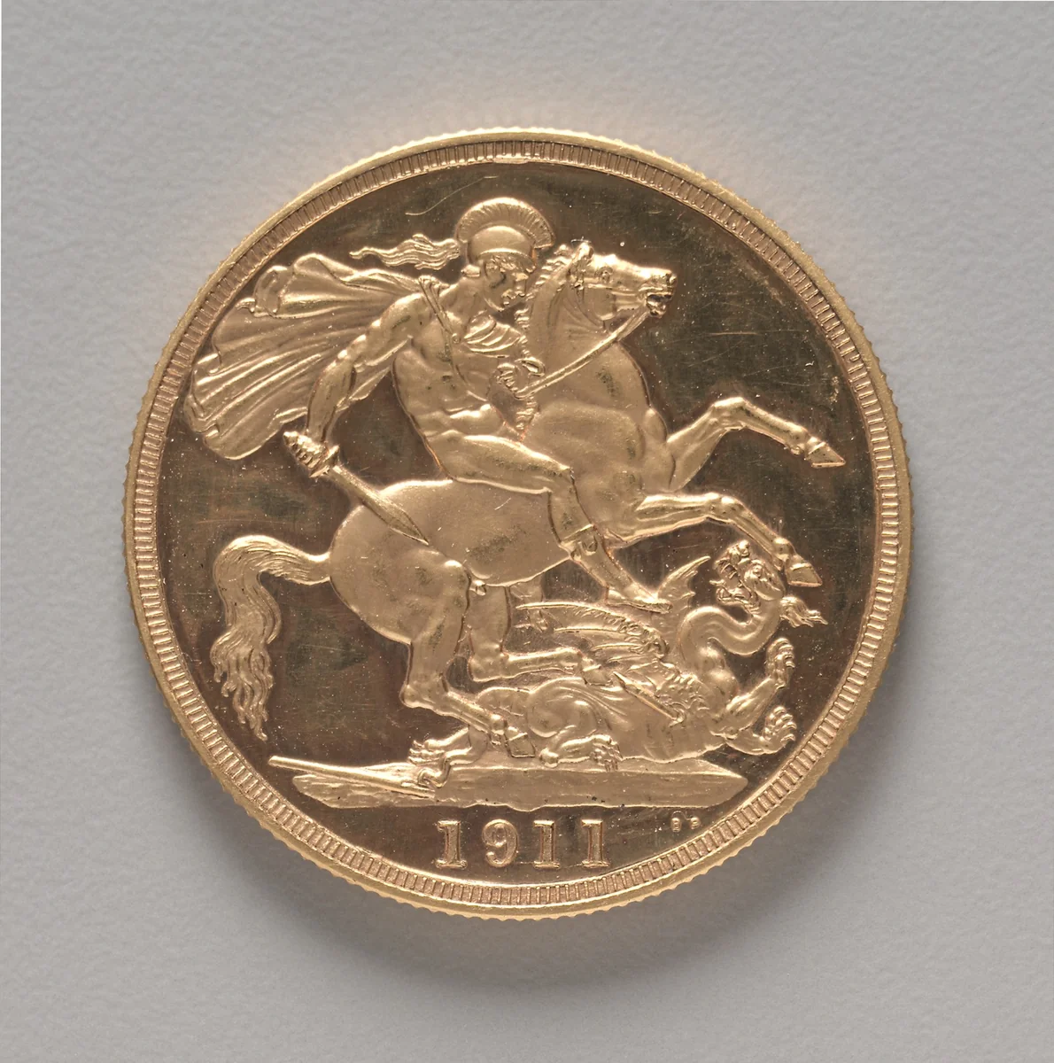 Two Pound Piece: St. George and the Dragon (reverse) by Benedetto Pistrucci, metalwork, 1911