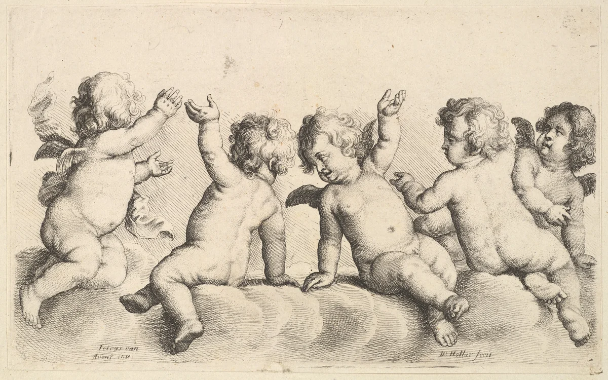 Three cherubs and two boys on clouds by Wenceslaus Hollar, print, 1646