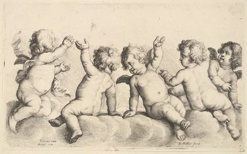 Three cherubs and two boys on clouds by Wenceslaus Hollar, print, 1646