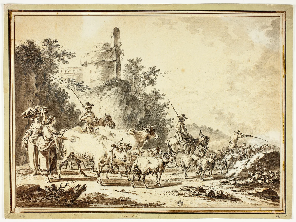 Herdsmen, Cattle and Sheep Passing Two Maidens, with Ruined Castle on Hill Above by Claes Pietersz Berchem, drawing, 1640-1700