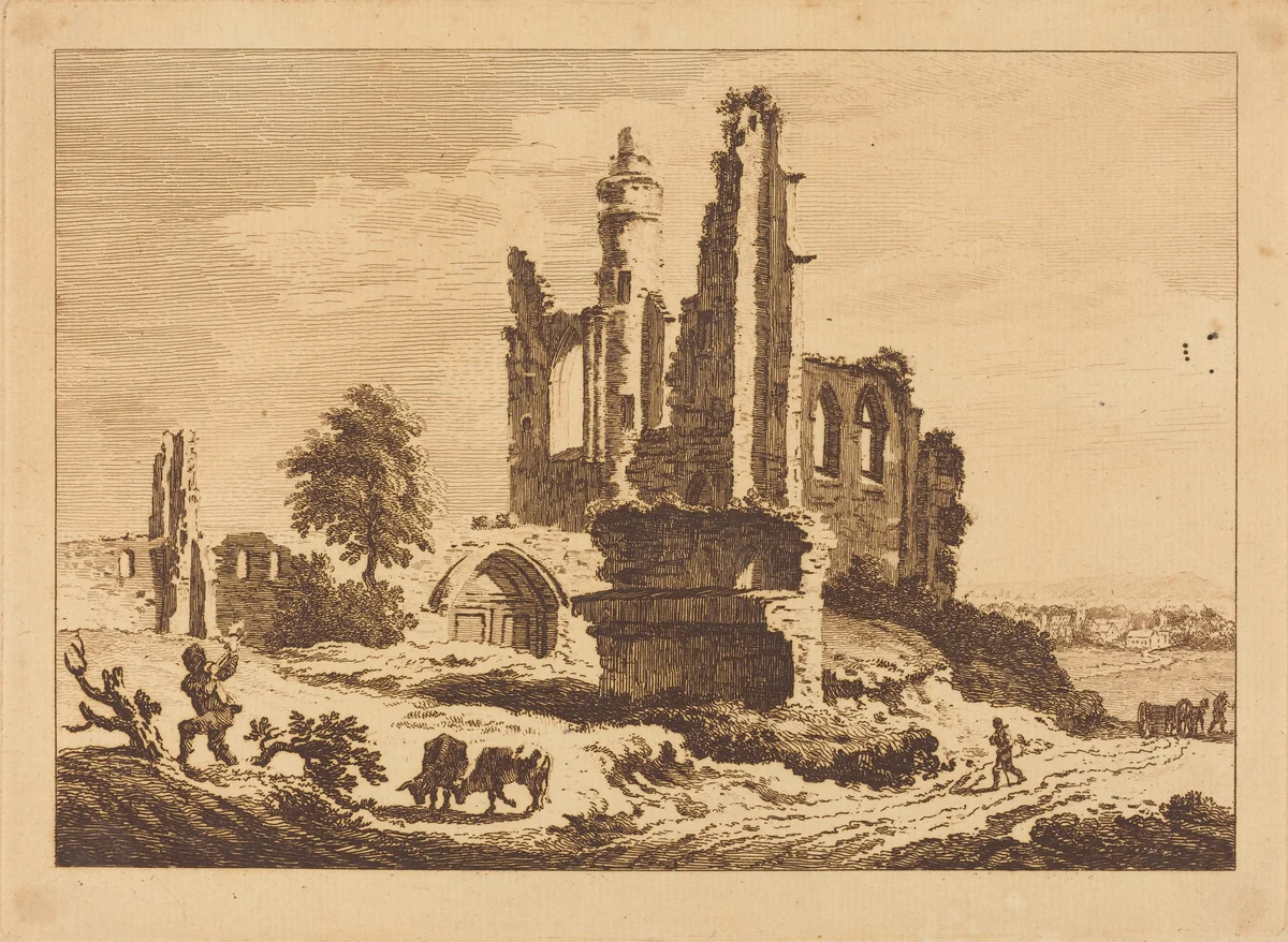Ruined Abbey with Cattle and a Man Chopping Wood by Paul Sandby, print, 1758