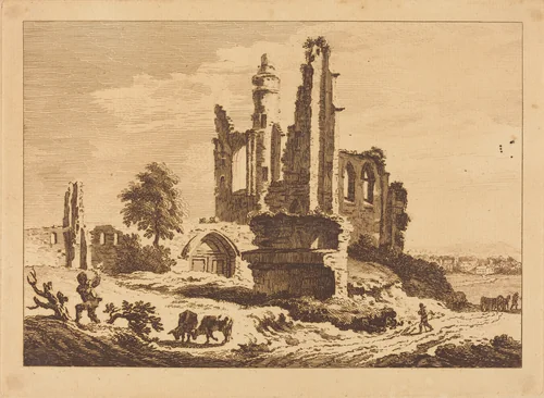 Ruined Abbey with Cattle and a Man Chopping Wood by Paul Sandby, print, 1758