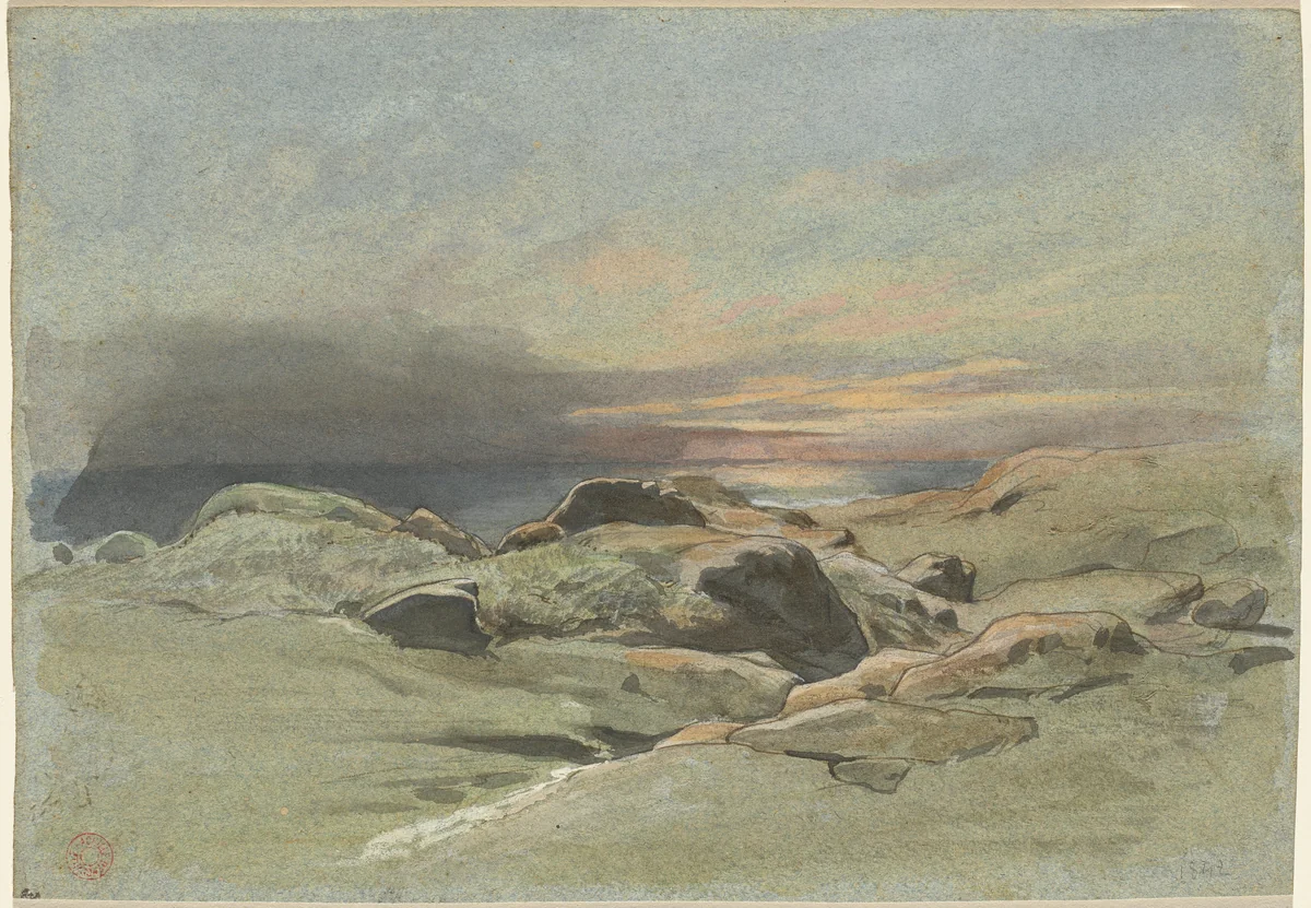 Sunset from a Rocky Coastline by Jean Achille Benouville, drawing, 1815-1891