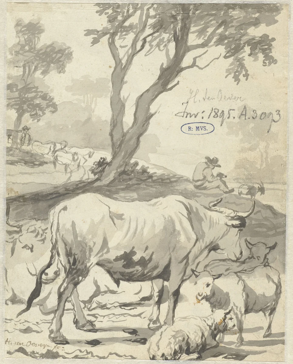 Herder met koeien en schapen onder een boom by Hendrick ten Oever, drawing, 1649-1716