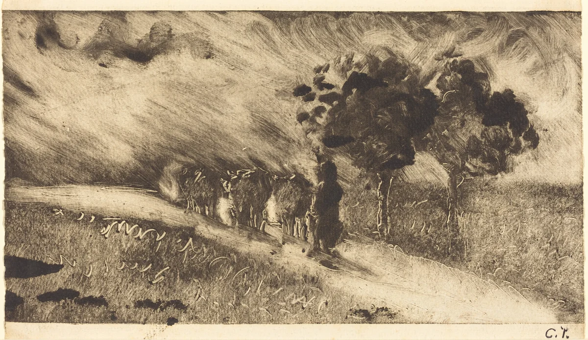 Herding the Cows at Dusk (Vachère le soir) by Camille Pissarro, print, 1890