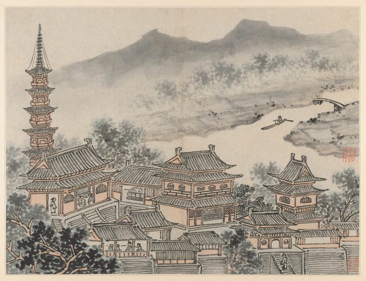 The Thousand Buddha Hall and the Pagoda of the "Cloudy Cliff" Monastery, from Twelve Views of Tiger Hill, Suzhou by Shen Zhou (沈周), painting, 1491-1509