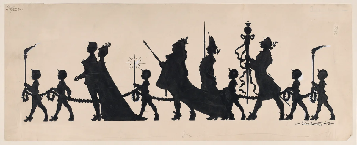 Tailpiece, silhouette of a king in procession with courtiers and page by John Bennett, other, 1893