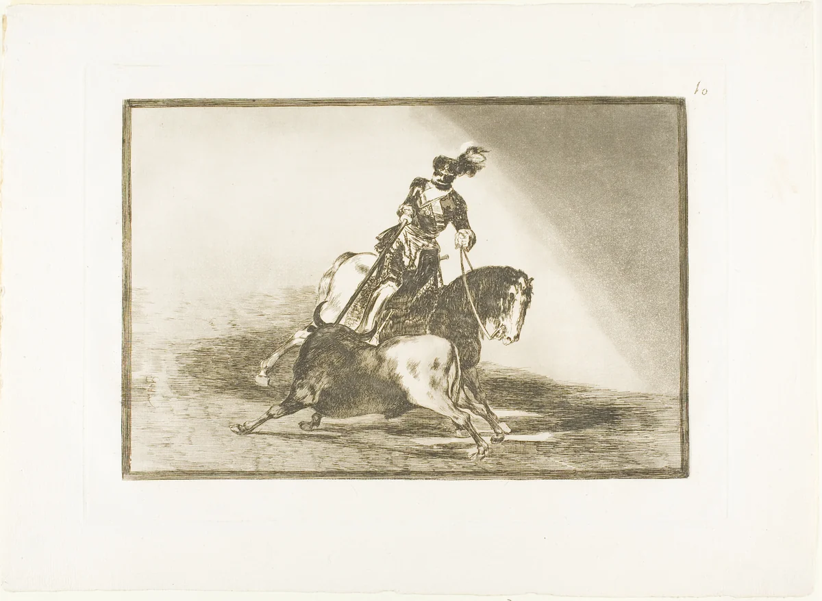Charles V spearing a bull in the ring at Valladolid, plate ten from The Art of Bullfighting by Francisco José de Goya, print, 1814-1816