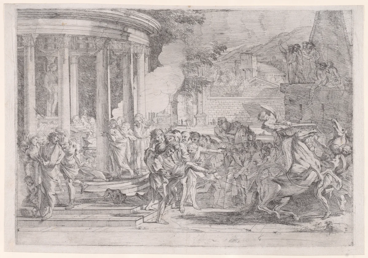 Sinorix carried from the temple of Artemis trying to escape the effects of the poisoning by Pietro Testa, print, 1635-1645