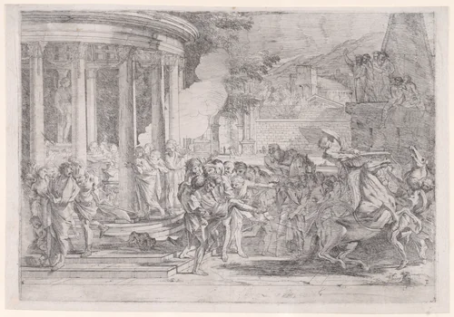 Sinorix carried from the temple of Artemis trying to escape the effects of the poisoning by Pietro Testa, print, 1635-1645