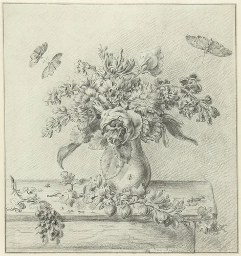 Stilleven met bloemstuk, vruchten en insecten by Jean Bernard, drawing, 1775-1833