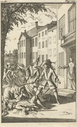 Mirandor doodt in een tweegevecht de broer van Isabella by Caspar Luyken, print, 1695