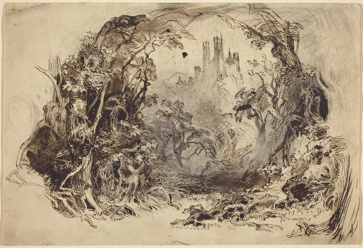 Castle On A Hill (Set for "Sleeping Beauty and the Beast"?) by Robert Caney, drawing, 1900