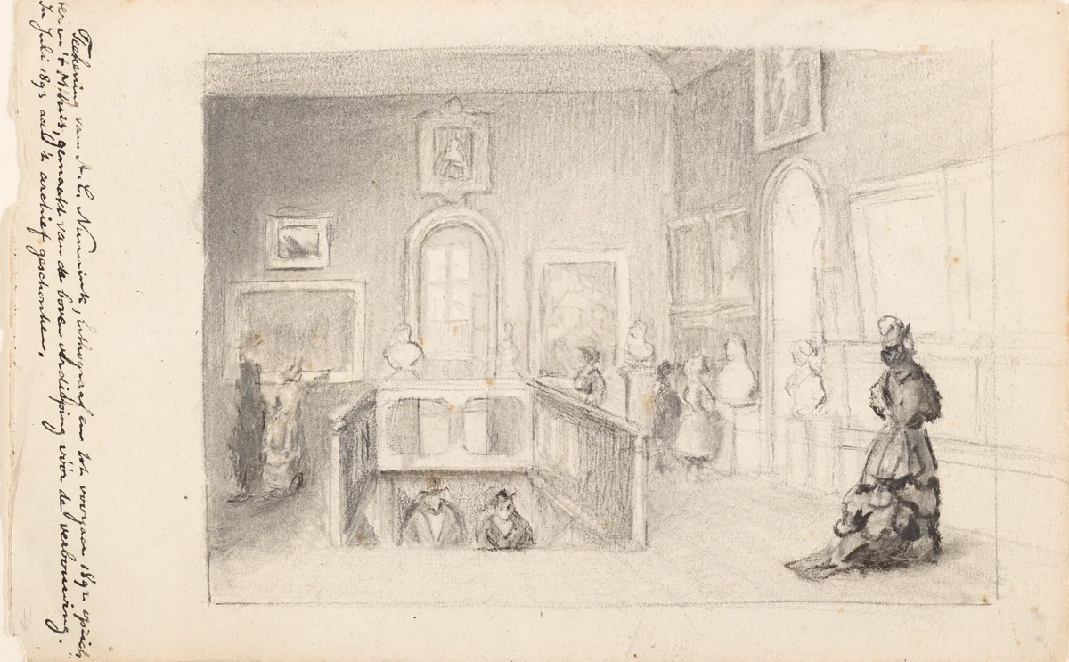 Visitors on the Main Landing of the Mauritshuis by Adolf Carel Nunnink, drawing, 1879