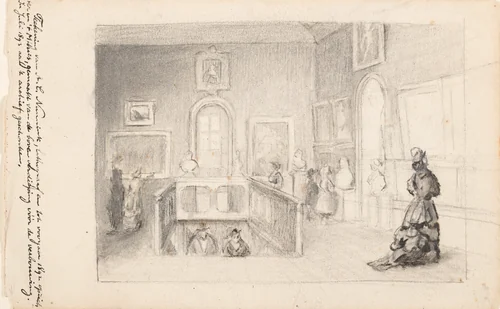 Visitors on the Main Landing of the Mauritshuis by Adolf Carel Nunnink, drawing, 1879