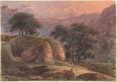 Traveler in a Mountainous Landscape at Sunset by Franz Kobell, drawing, 1800-1805