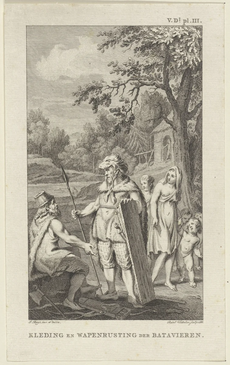 Kleding en wapenrusting van de Bataven by Reinier Vinkeles, print, 1786