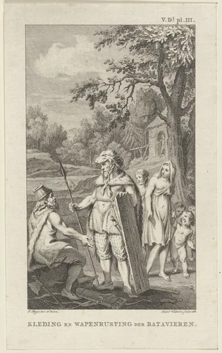 Kleding en wapenrusting van de Bataven by Reinier Vinkeles, print, 1786