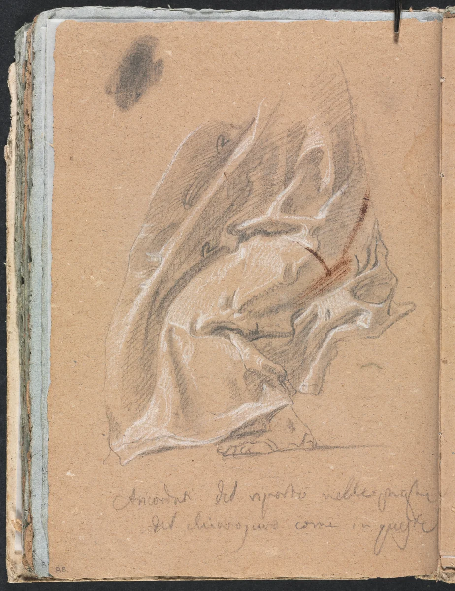 Verona Sketchbook: Drapery study with foot and inscription (page 88) by Francesco Lorenzi, book, 1760