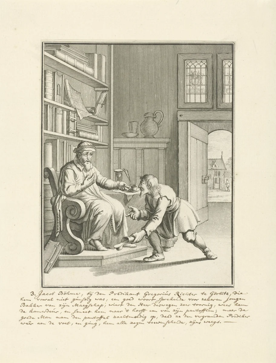 Jakob Böhme brengt de pantoffel van Richter terug by Joseph Mulder, print, 1686