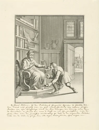 Jakob Böhme brengt de pantoffel van Richter terug by Joseph Mulder, print, 1686